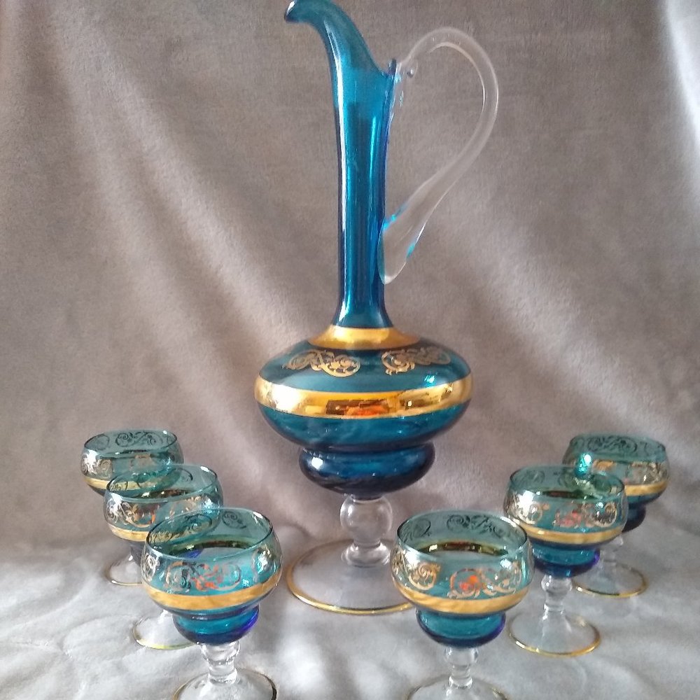 Vintage 1930-1950  blue and gold Cordial & Decante